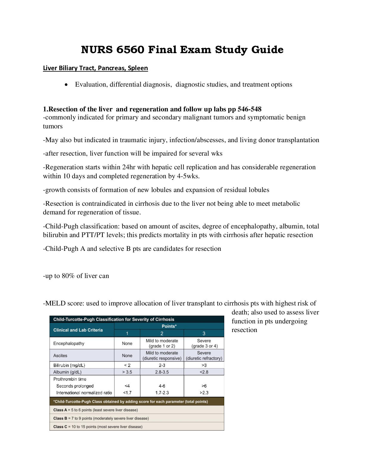 Preview of NURS 6560 Final Exam Study Guide Liver Biliary Tract, Pancreas, Spleen Completed for 2022/